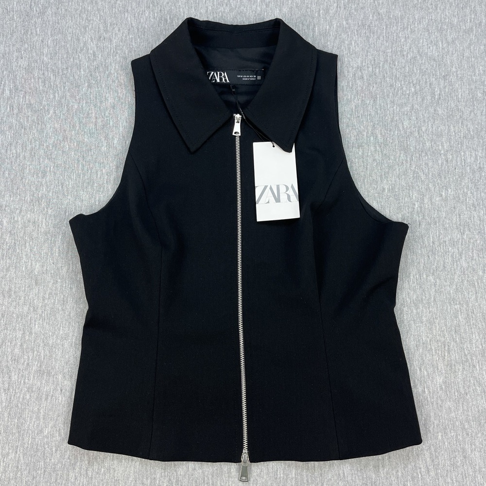 Zara Dual-Zip Fitted Vest Womens M Black Collared Full-Zip City Office NEW